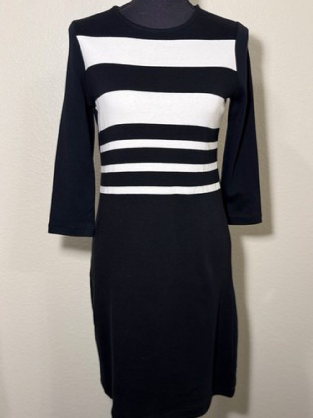 Talbots Womens XS Petite Black White Stripe Cotton A-Line Knit Dress